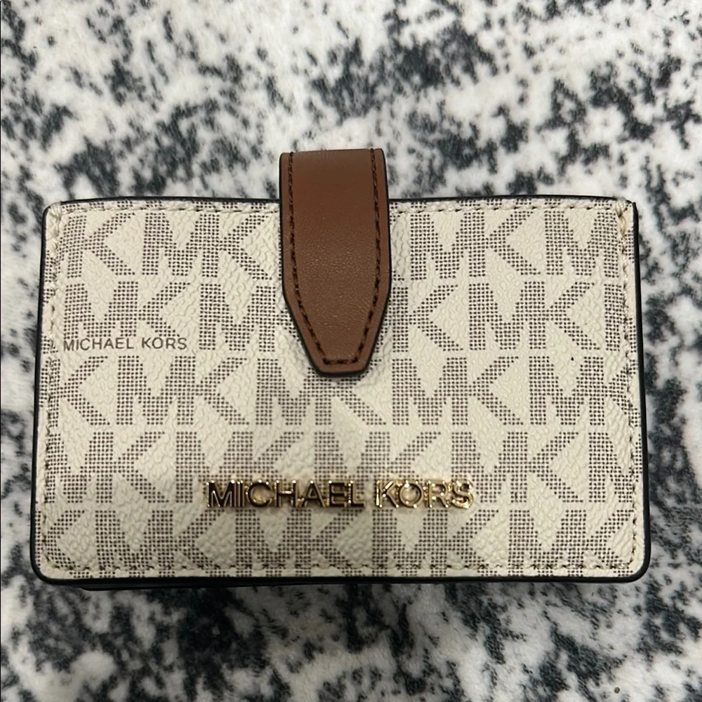 Michael Kors Cream and Brown Logo Card Case Wallet